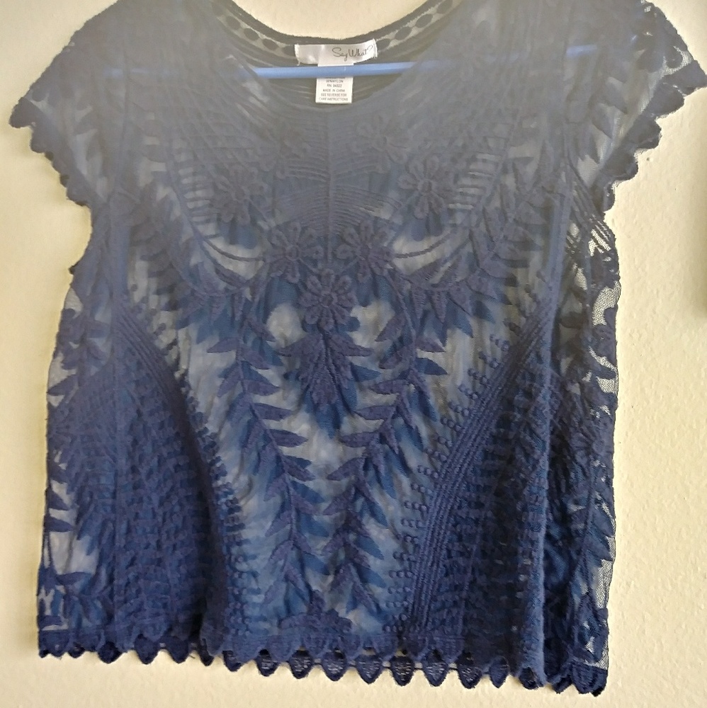 Sheer navy blue floral embroidered crop top